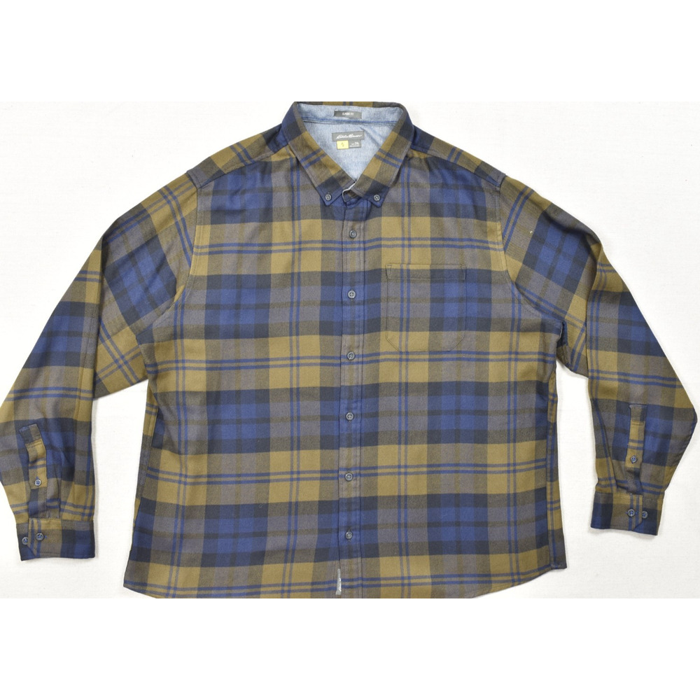 Eddie Bauer Men's 2XL Classic Fit Plaid Flannel Shirt Blue Brown Button Down